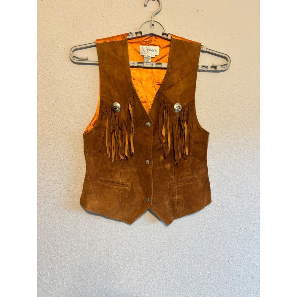 Cedars Vintage Western Suede Fringe Vest Tan Orange Satin Back Concho Medium